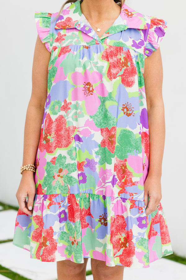 Chic Soul plus size clothing, cream short sleeve mini dress with large multi color floral detail with v neck and collar detail with flare sleeves with ruffle along the bottom