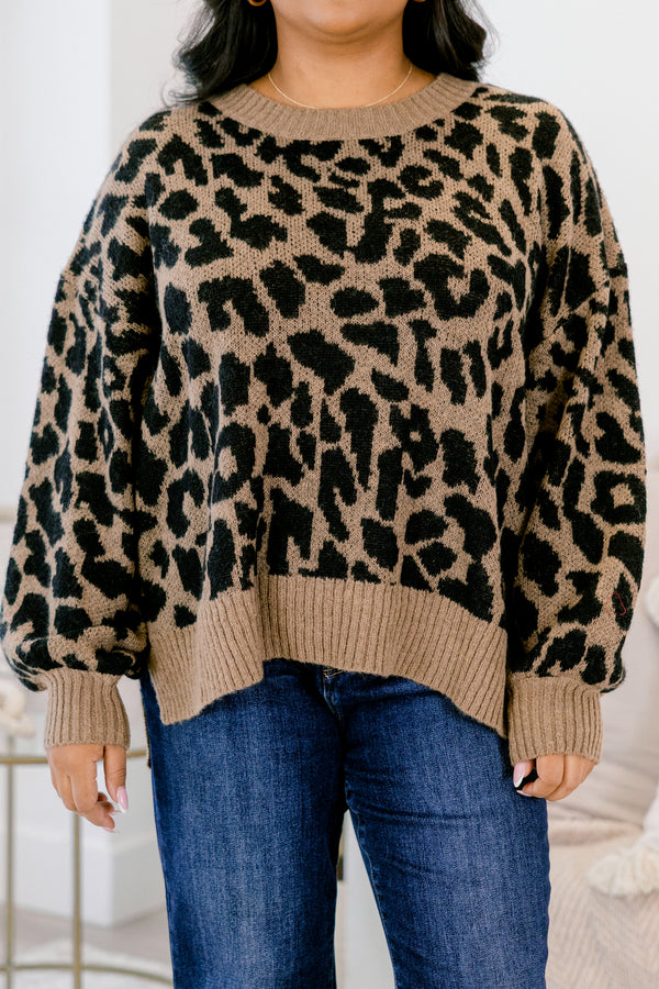 Plus Size brown leopard print knit sweater with balloon sleeves and ribbed trim. 