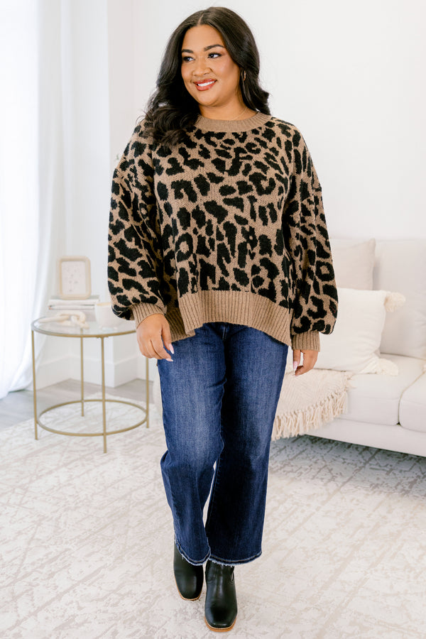 Plus Size brown leopard print knit sweater with balloon sleeves and ribbed trim.