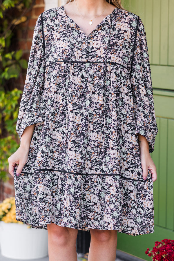 Chic Soul plus size clothing, black floral long sleeve mini dress with v neckline and tie detail with tiered detail