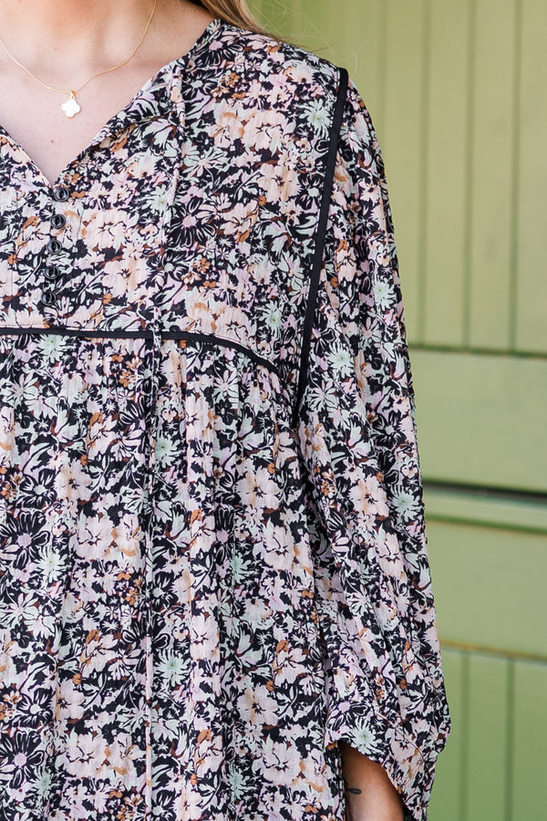 Chic Soul plus size clothing, black floral long sleeve mini dress with v neckline and tie detail with tiered detail