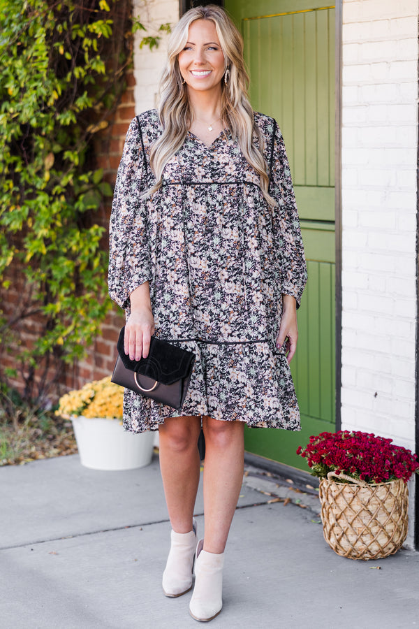 Chic Soul plus size clothing, black floral long sleeve mini dress with v neckline and tie detail with tiered detail