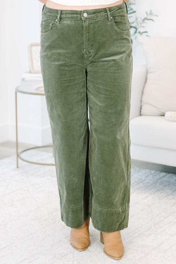Plus Size moss green wide-leg corduroy pants with a button fly and front pockets.