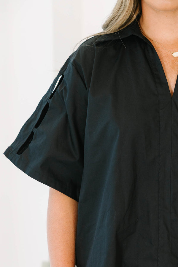 Plus Size black 100% cotton top with a V-neckline, collar, and oversized short sleeves.