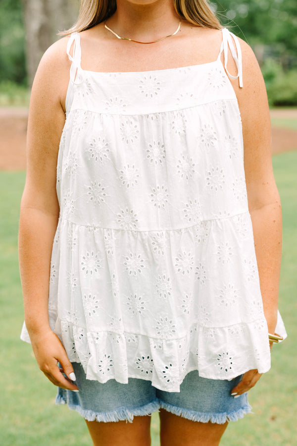 Chic Soul plus size clothing, white babydoll style tank with eyelet lace pattern and tie straps