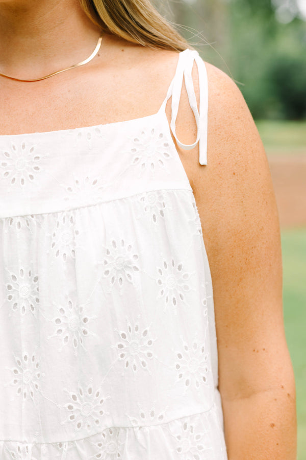 Chic Soul plus size clothing, white babydoll style tank with eyelet lace pattern and tie straps