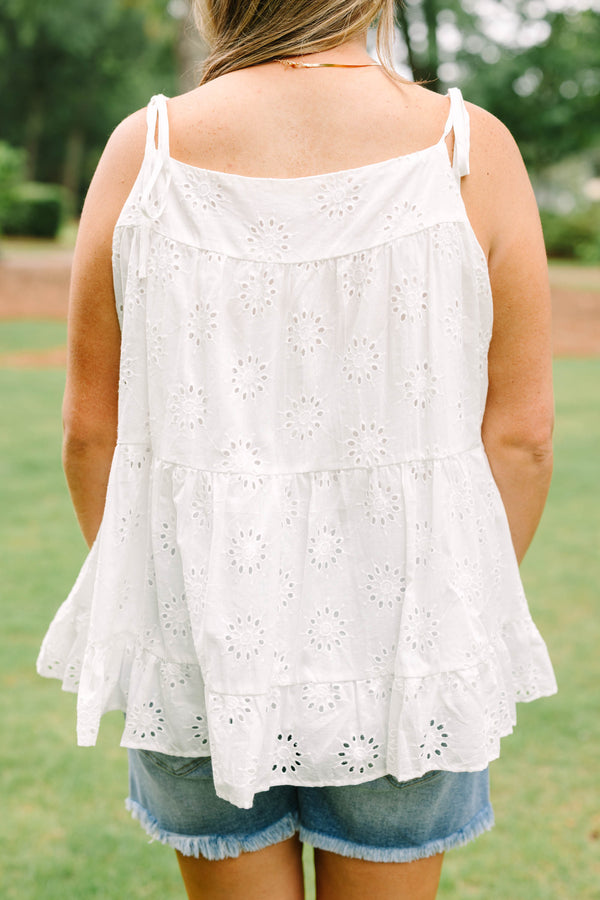 Chic Soul plus size clothing, white babydoll style tank with eyelet lace pattern and tie straps