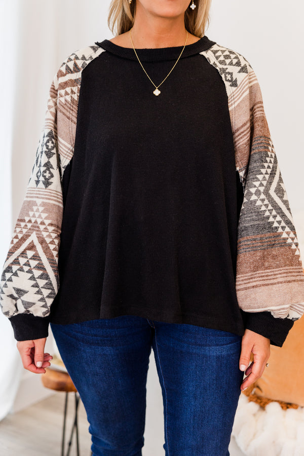 Chic Soul plus size clothing, long-sleeve balloon sleeve black comfy top with color-block tan and brown aztec patterned sleeves
