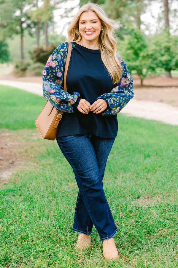 Chic Soul plus size clothing, navy blue long sleeve top with pink, blue, and green floral patterned sleeves