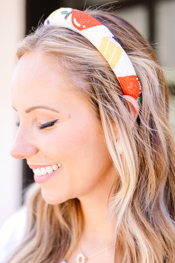 Chic Soul plus size clothing, ivory beaded headband with apple and pencil designs