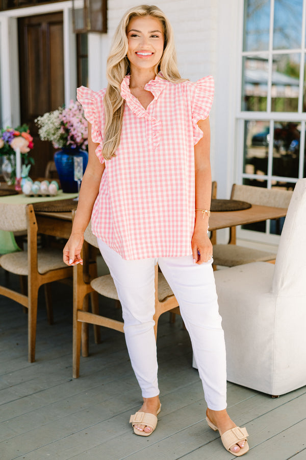 Chic Soul plus size clothing, short-flutter-sleeve light pink gingham top with a collar and a split-v-neckline 