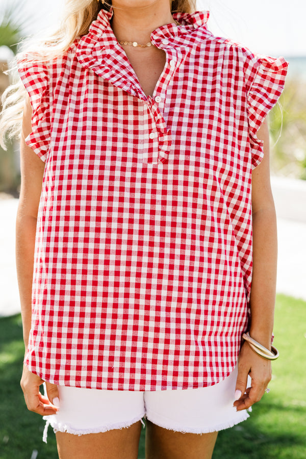 Chic Soul plus size clothing, red gingham short sleeve top with v cutout along neckline with ruffle collar detail and ruffle along sleeves