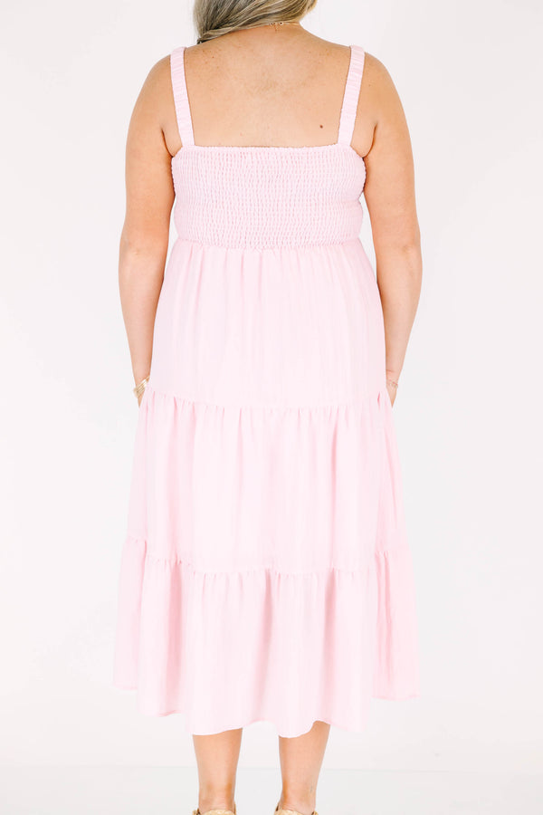 Chic Soul plus size clothing, light pink tiered midi dress with a smocked bodice