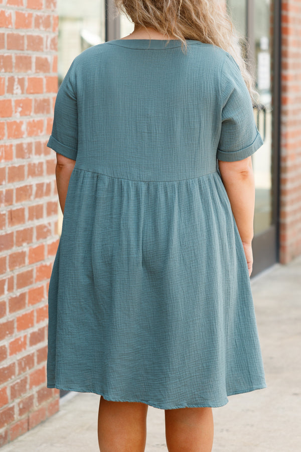 Chic Soul plus size clothing, hunter blue textured babydoll dress with button down details