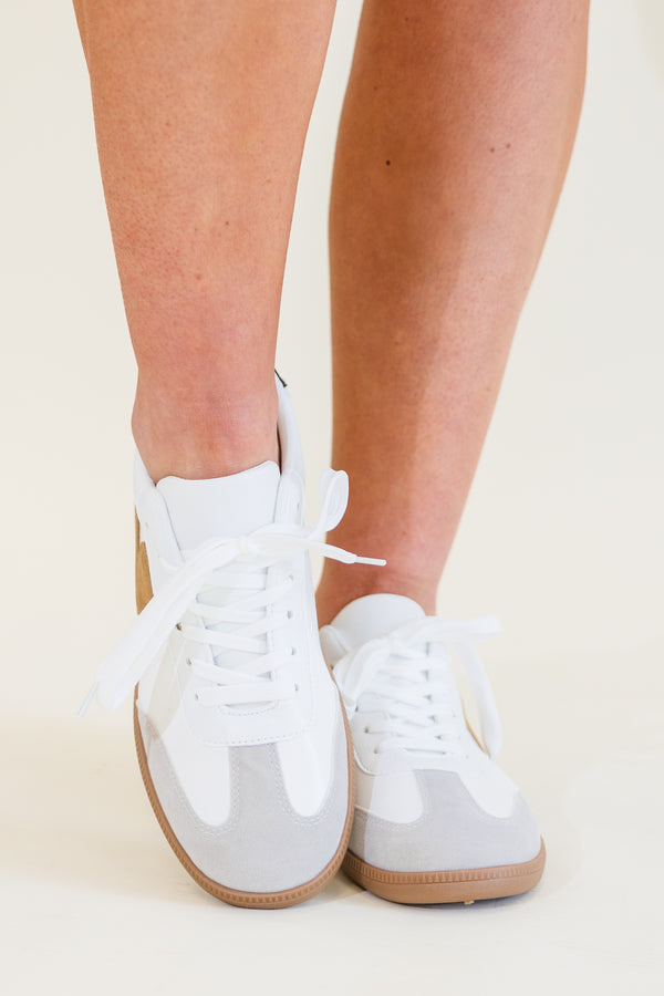 Chic Soul plus size clothing, white low top sneakers with brown bottom and black detail on the back and brown v detail on the side