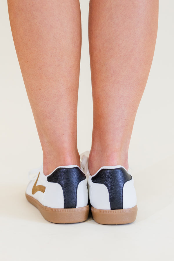 Chic Soul plus size clothing, white low top sneakers with brown bottom and black detail on the back and brown v detail on the side