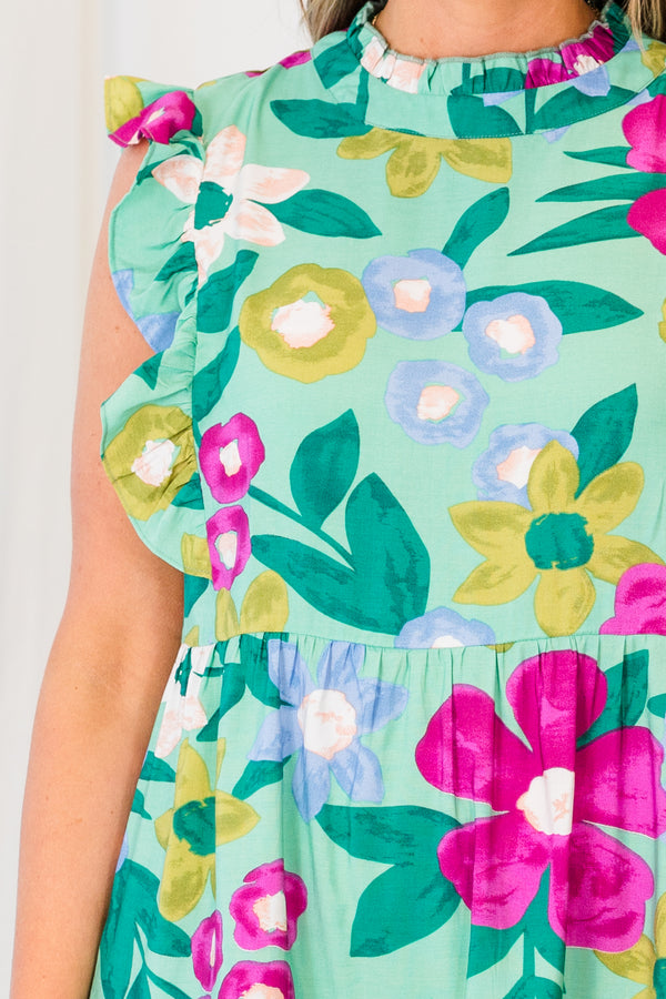 Chic Soul plus size clothing, mint multi floral print mini dress with ruffle sleeves