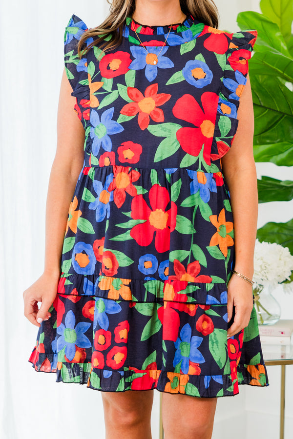 Chic Soul plus size clothing, flowy navy dress with ruffled sleeves and red, green and yellow floral details