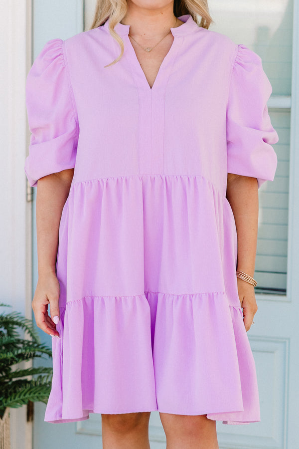 Chic Soul plus size clothing, lavender short sleeve tiered mini dress with v cutout along neckline with puff sleeves