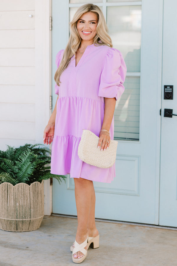 Chic Soul plus size clothing, lavender short sleeve tiered mini dress with v cutout along neckline with puff sleeves
