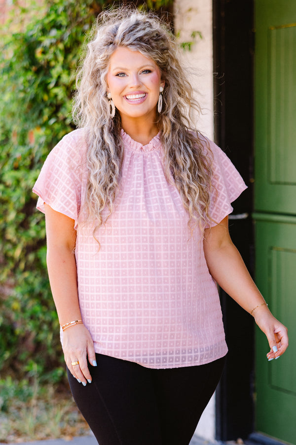 Chic Soul plus size clothing,  short-sleeve pink high-neckline layered top with smocked halter-neckline and geometric square plaid pattern