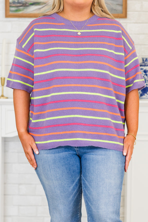 Chic Soul plus size clothing, short-sleeve purple crew neck sweater with multi-colored striped pattern
