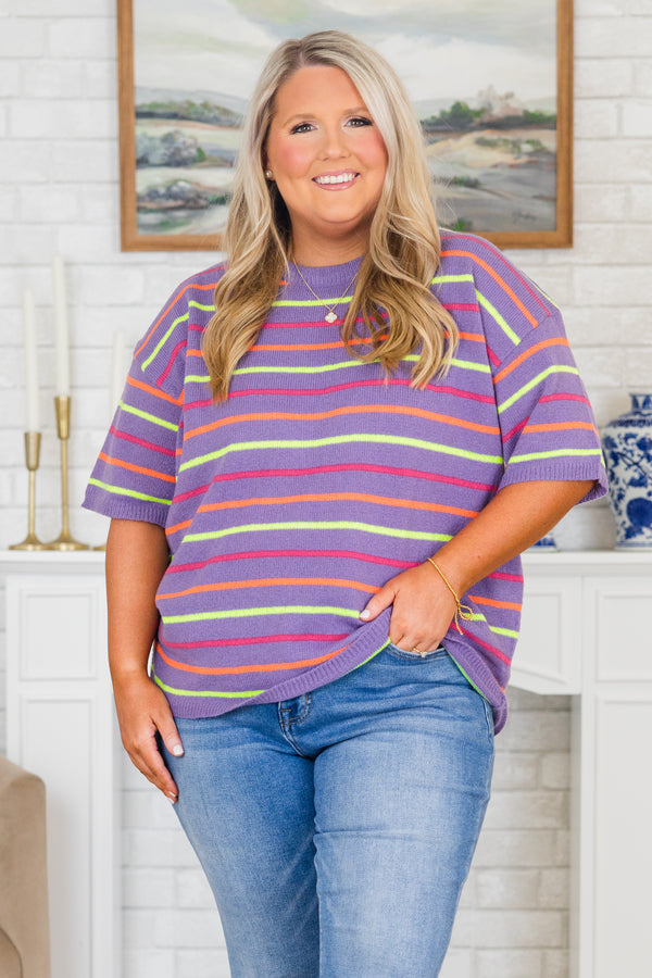Chic Soul plus size clothing, short-sleeve purple crew neck sweater with multi-colored striped pattern