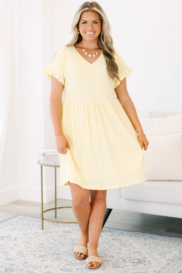 Plus Size yellow textured cotton dress with a V-neckline and ruffled short sleeves.