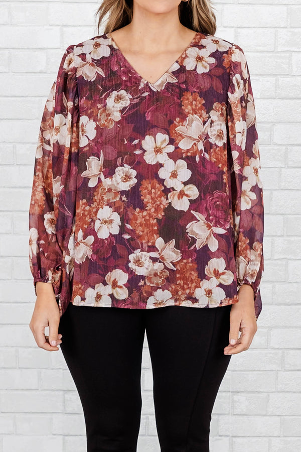 Chic Soul plus size clothing, wine purple and white floral pattern top with bubble sleeves