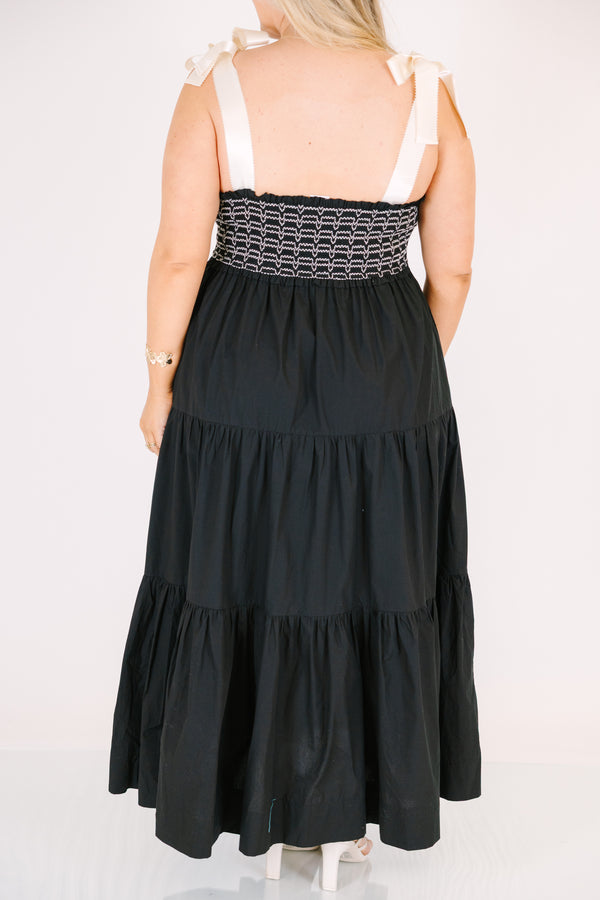 Chic Soul plus size clothing, black maxi ruffled dress with smocked bodice and white stitching with white tie straps