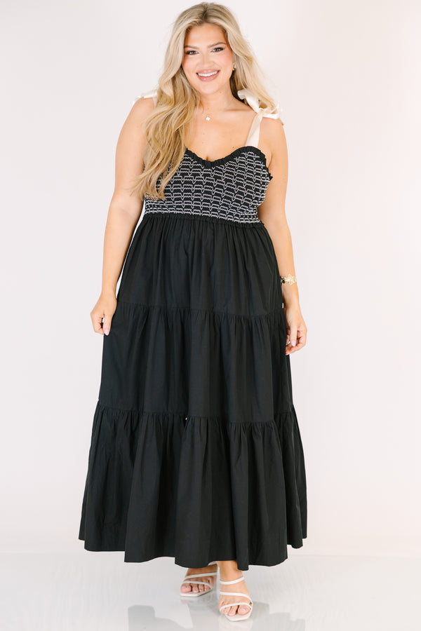 Chic Soul plus size clothing, black maxi ruffled dress with smocked bodice and white stitching with white tie straps