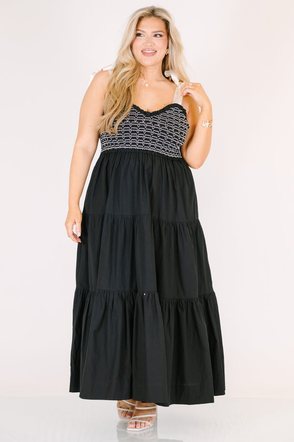 Chic Soul plus size clothing, black maxi ruffled dress with smocked bodice and white stitching with white tie straps