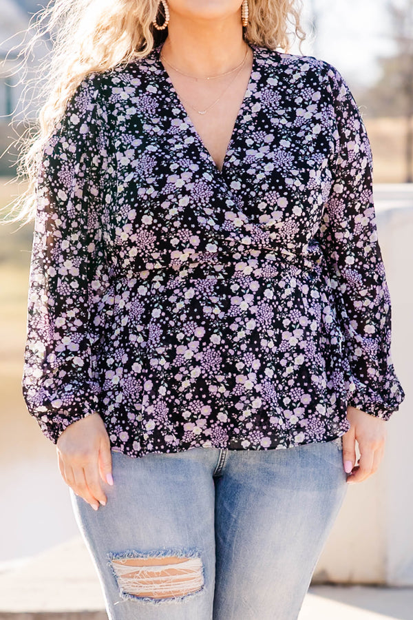 Chic Soul plus size clothing, black long sleeve top with purple floral print with v neck and tie waist