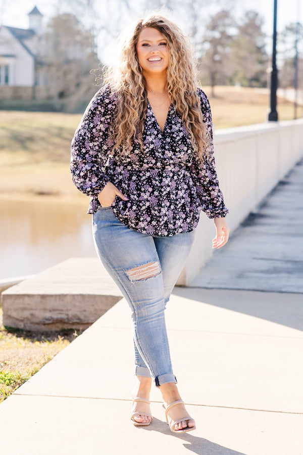 Chic Soul plus size clothing, black long sleeve top with purple floral print with v neck and tie waist