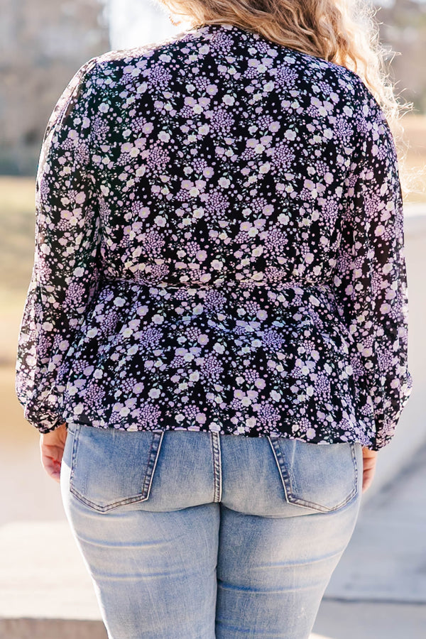 Chic Soul plus size clothing, black long sleeve top with purple floral print with v neck and tie waist