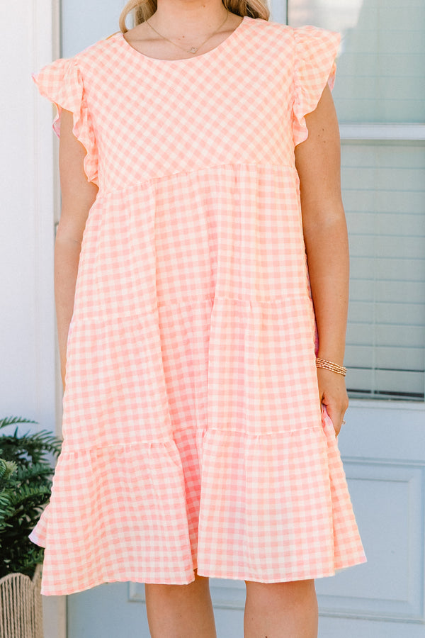 Chic Soul plus size clothing, short-flutter-sleeve pink combo ruffled baby doll short dress with a high-scoop-neckline and a gingham white and pink pattern 