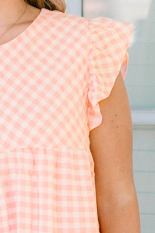 Chic Soul plus size clothing, short-flutter-sleeve pink combo ruffled baby doll short dress with a high-scoop-neckline and a gingham white and pink pattern 