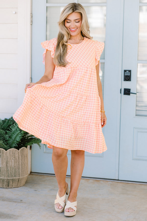 Chic Soul plus size clothing, short-flutter-sleeve pink combo ruffled baby doll short dress with a high-scoop-neckline and a gingham white and pink pattern 