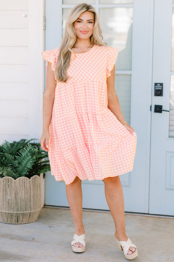 Chic Soul plus size clothing, short-flutter-sleeve pink combo ruffled baby doll short dress with a high-scoop-neckline and a gingham white and pink pattern 