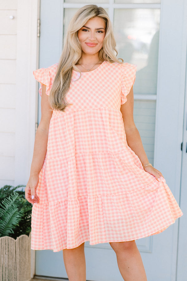 Chic Soul plus size clothing, short-flutter-sleeve pink combo ruffled baby doll short dress with a high-scoop-neckline and a gingham white and pink pattern 