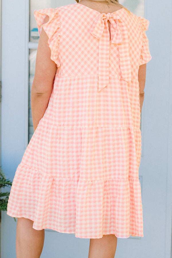 Chic Soul plus size clothing, short-flutter-sleeve pink combo ruffled baby doll short dress with a high-scoop-neckline and a gingham white and pink pattern 