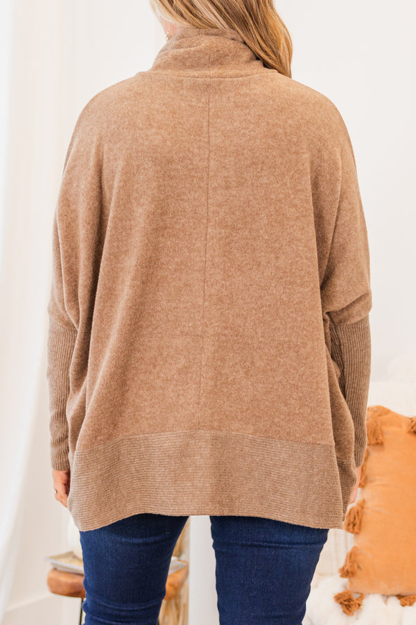 Chic Soul plus size clothing, mocha long sleeve heathered sweater with rolled turtleneck detail with ribbed band at the bottom
