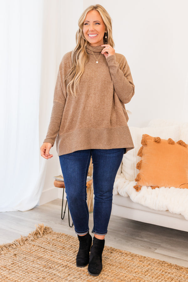 Chic Soul plus size clothing, mocha long sleeve heathered sweater with rolled turtleneck detail with ribbed band at the bottom