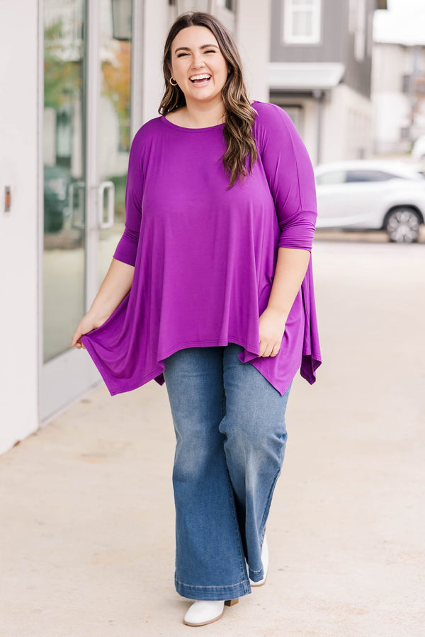 Chic Soul Plus size clothing, Bright purple top with high neck and long sleeves with flowy bottom.