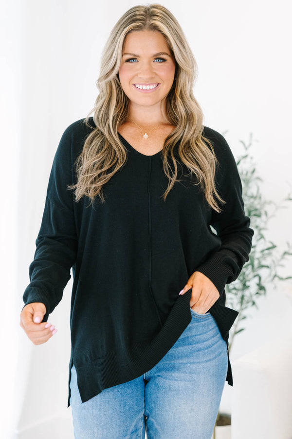 Chic Soul plus size clothing, black sweater with v neckline and textured detail down the center and small slits on the bottom sides