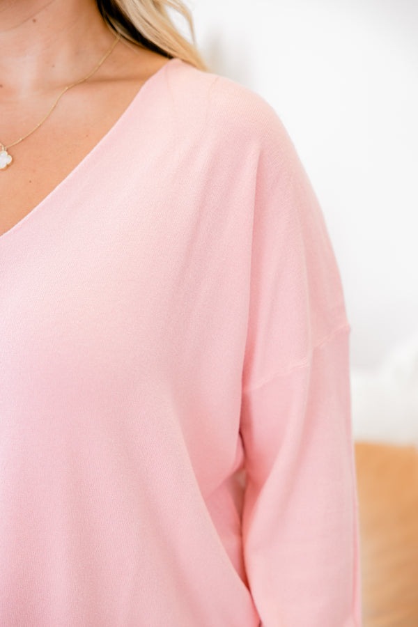 Chic Soul plus size clothing, light pink long sleeve sweater with v-neck and front seam
