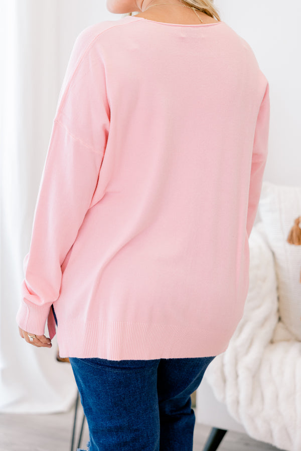 Chic Soul plus size clothing, light pink long sleeve sweater with v-neck and front seam