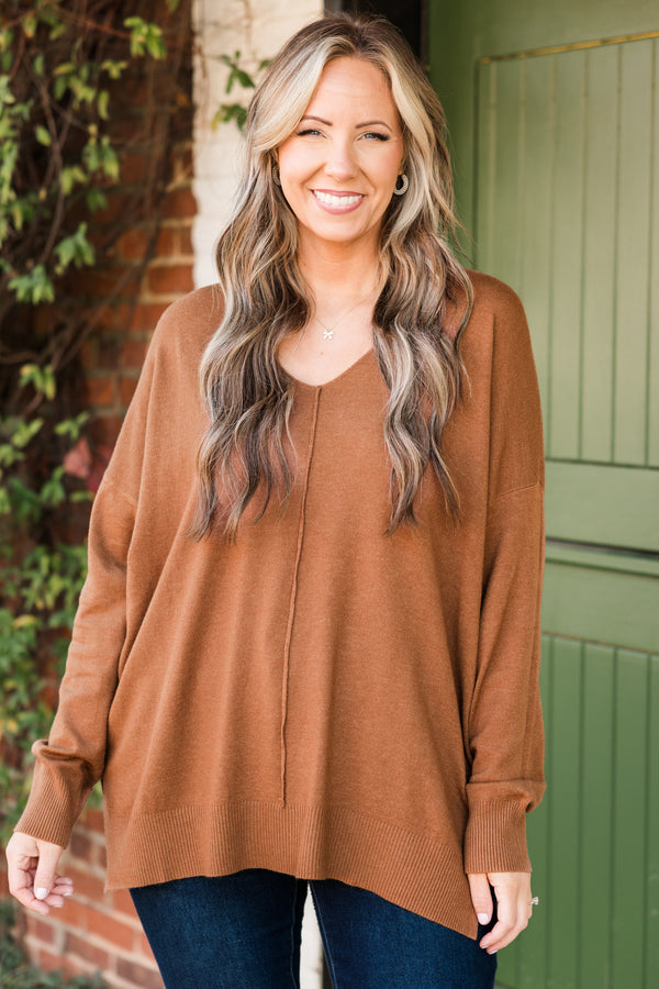 Chic Soul plus size clothing, deep camel long sleeve knit sweater with ribbed cuff sleeves with v neckline and outer stitch detail along center