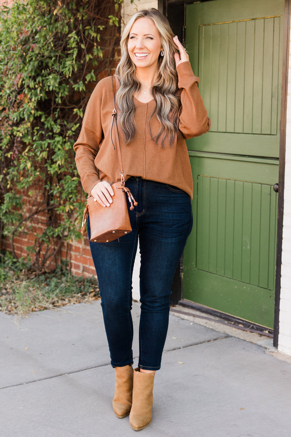 Chic Soul plus size clothing, deep camel long sleeve knit sweater with ribbed cuff sleeves with v neckline and outer stitch detail along center