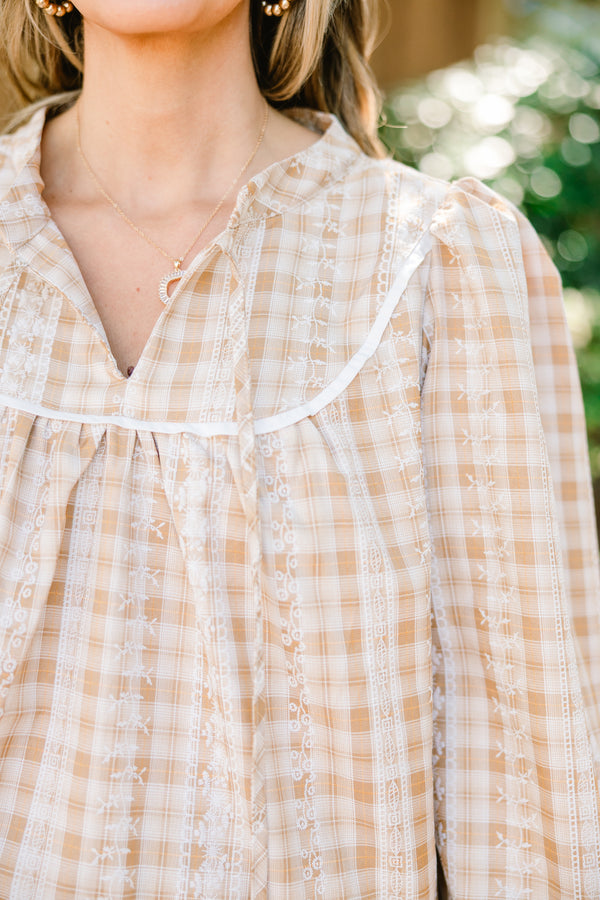 Chic Soul plus size clothing, light brown gingham flowy long sleeve top 
